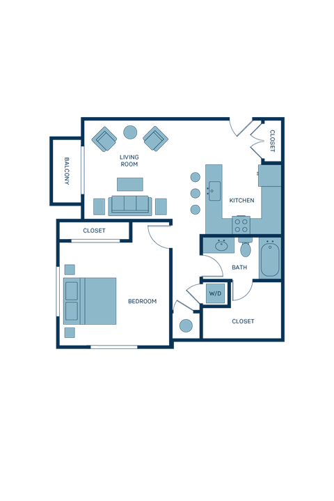 Floor plan for 1 bed, 1 bath, 781 sqft